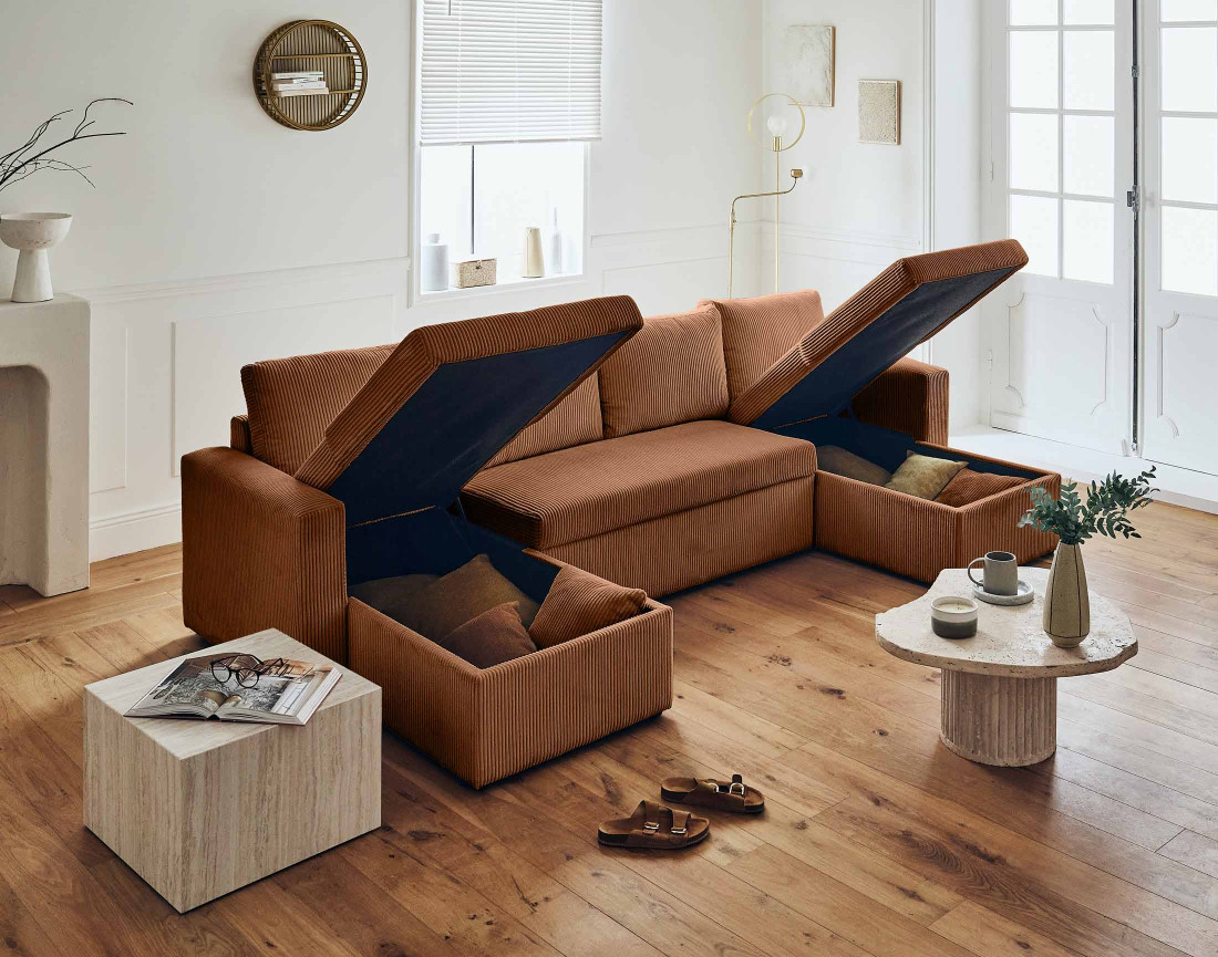 Canapé panoramique en U 7 places convertible avec coffre en velours côtelé Cyrus