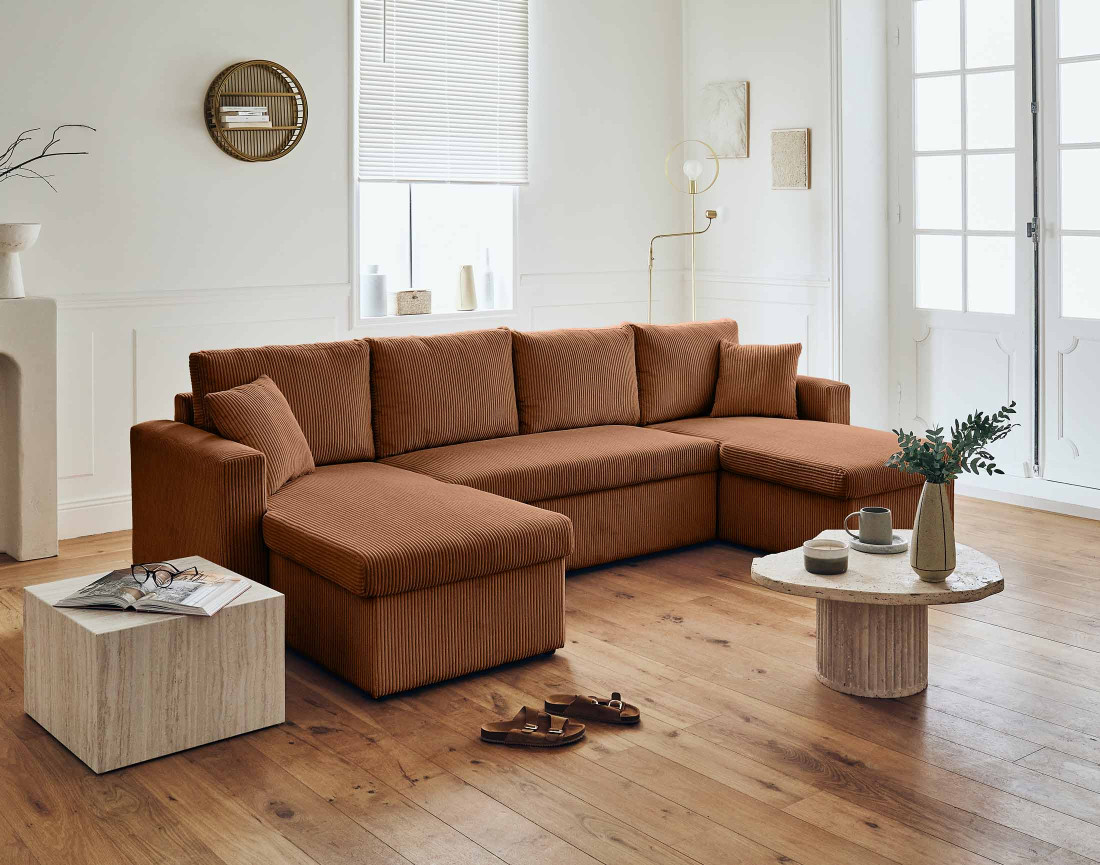 Canapé panoramique en U 7 places convertible avec coffre en velours côtelé Cyrus