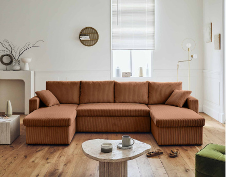 Canapé panoramique en U 7 places convertible avec coffre en velours côtelé Cyrus