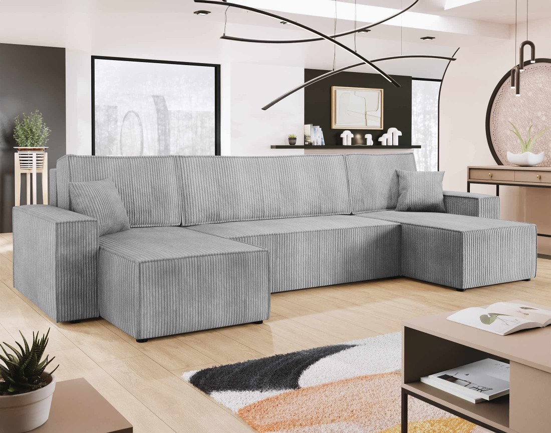 Canapé panoramique en U 7 places convertible avec coffre en velours côtelé Cezanne