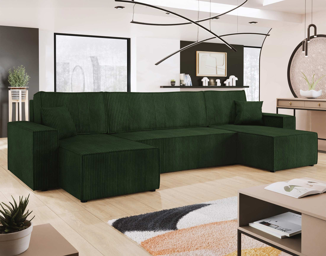 Canapé panoramique en U 7 places convertible avec coffre en velours côtelé Cezanne