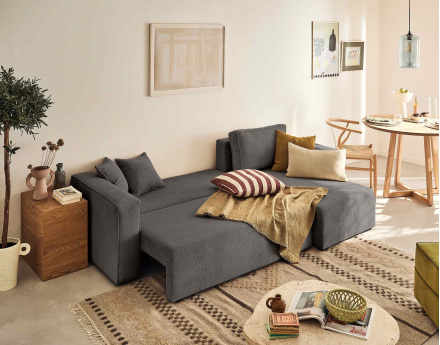 Canapé d'angle réversible 4 places convertible avec coffre en velours texturé Topaze