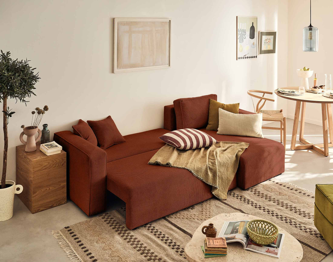 Canapé d'angle réversible 4 places convertible avec coffre en velours texturé Topaze