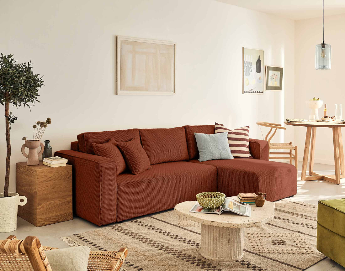 Canapé d'angle réversible 4 places convertible avec coffre en velours texturé Topaze