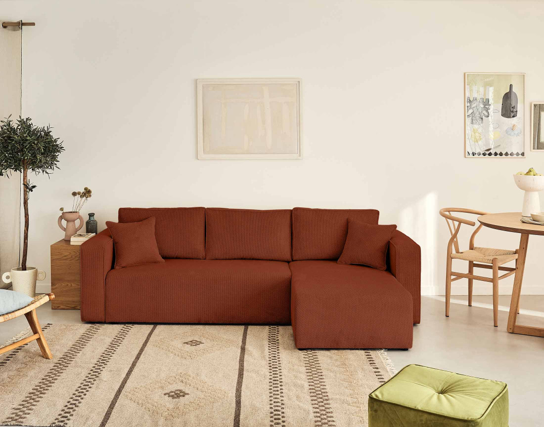 Canapé d'angle réversible 4 places convertible avec coffre en velours texturé Topaze