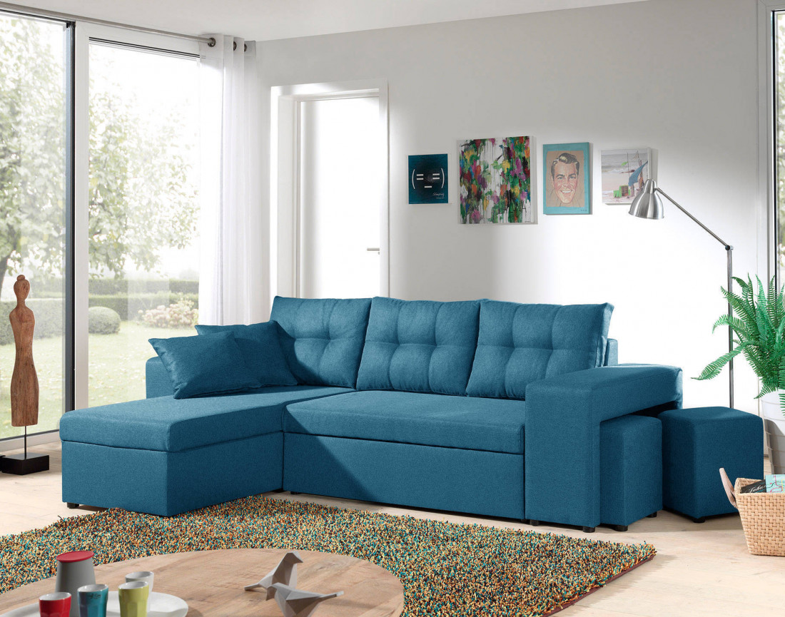 California - Canapé d'angle réversible et convertible avec coffre de rangement - 246x85x145cm - Bleu canard