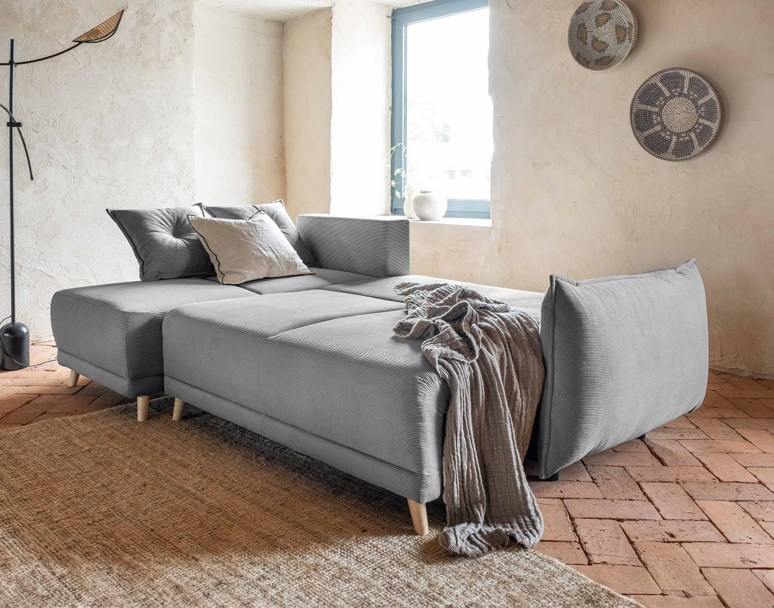 Canapé d'angle réversible 4 places convertible avec coffre en velours côtelé Lena