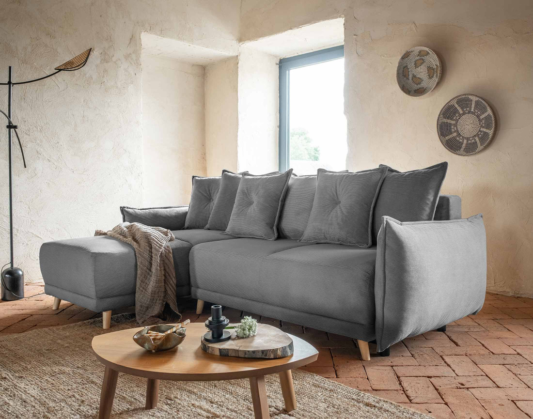 Canapé d'angle réversible 4 places convertible avec coffre en velours côtelé Lena