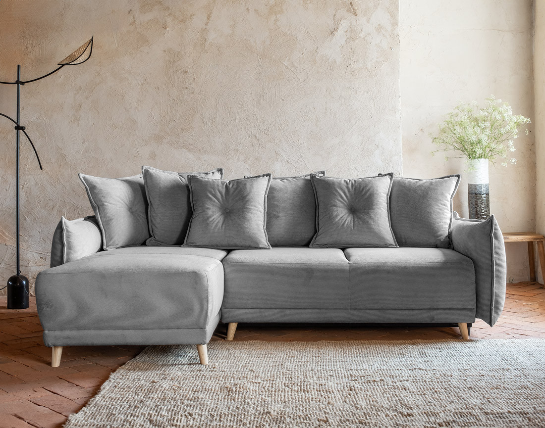 Canapé d'angle réversible 4 places convertible avec coffre en velours côtelé Lena