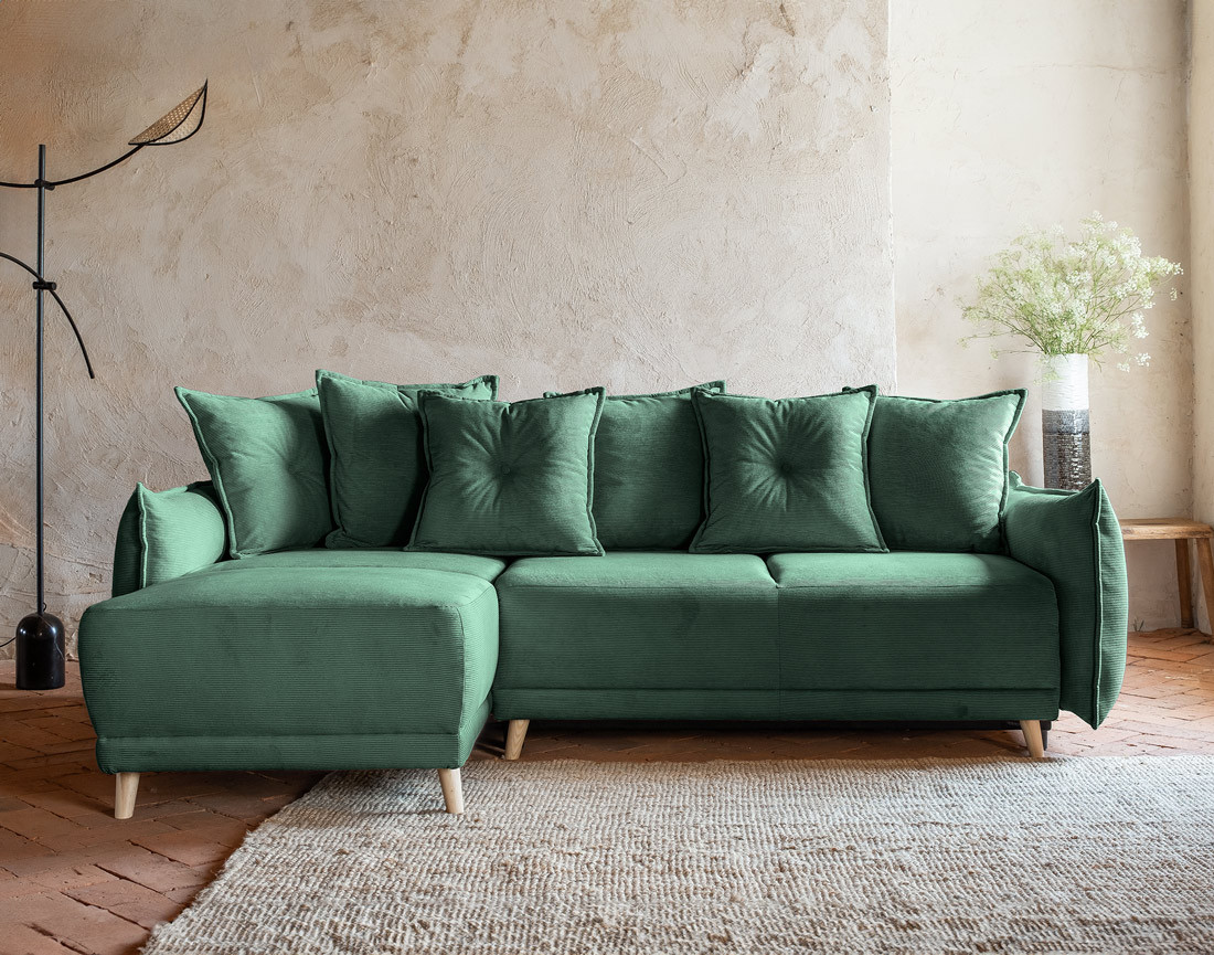 Canapé d'angle réversible 4 places convertible avec coffre en velours côtelé Lena