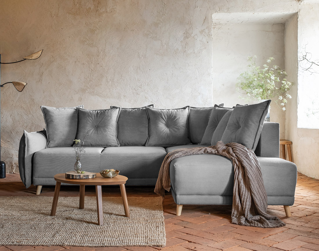 Canapé d'angle d'ange droit 5 places convertible avec coffre en velours côtelé Lena