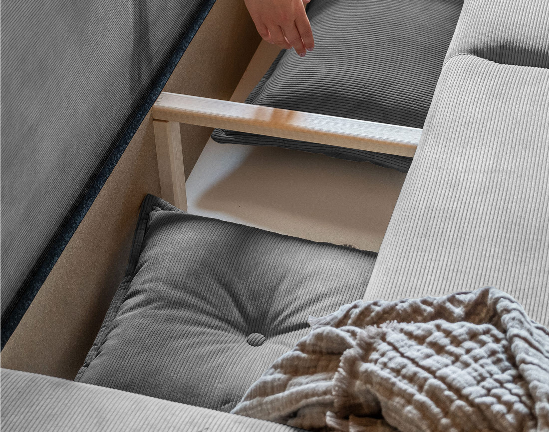 Canapé d'angle d'ange droit 5 places convertible avec coffre en velours côtelé Lena