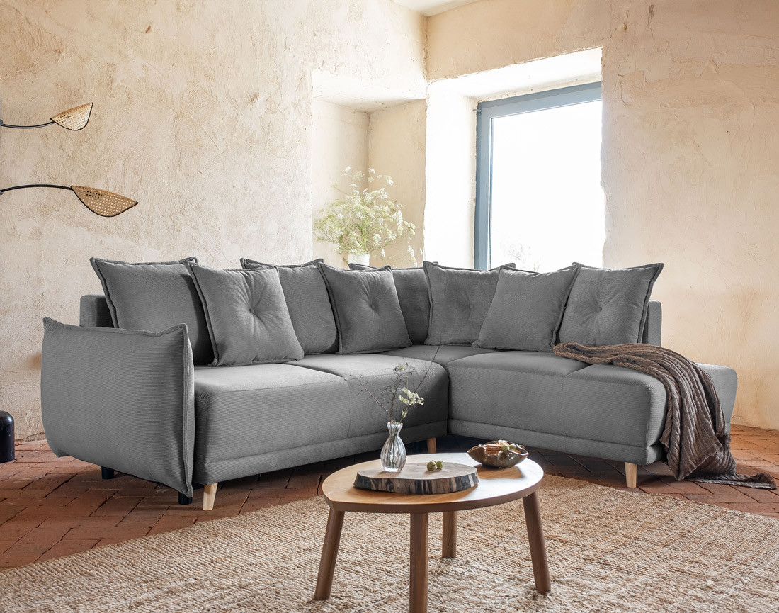 Canapé d'angle d'ange droit 5 places convertible avec coffre en velours côtelé Lena