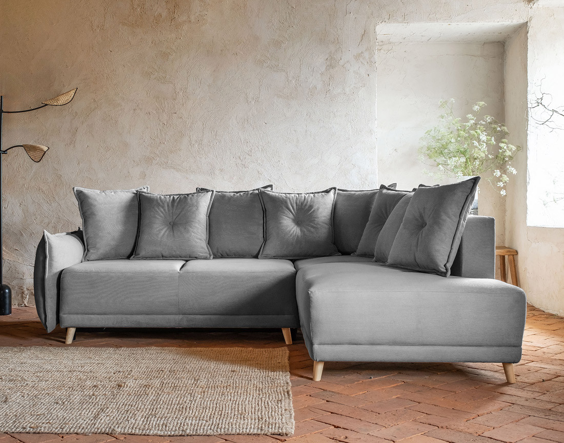 Canapé d'angle d'ange droit 5 places convertible avec coffre en velours côtelé Lena