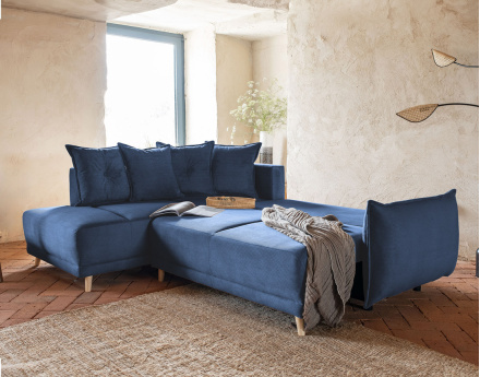 Canapé d'angle d'ange gauche 5 places convertible avec coffre en velours côtelé Lena