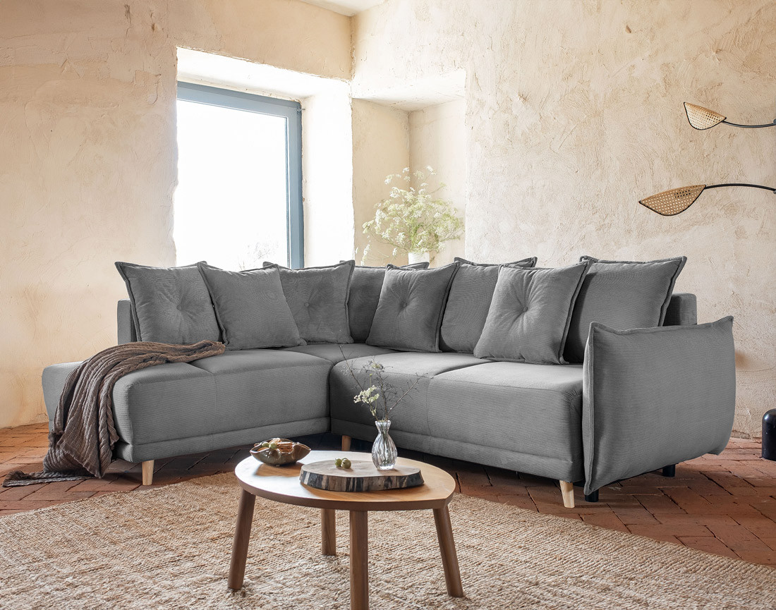 Canapé d'angle d'ange gauche 5 places convertible avec coffre en velours côtelé Lena