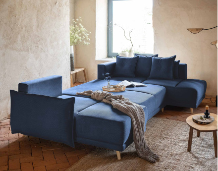 Canapé panoramique d'angle droit 7 places convertible avec coffre en velours côtelé Lena