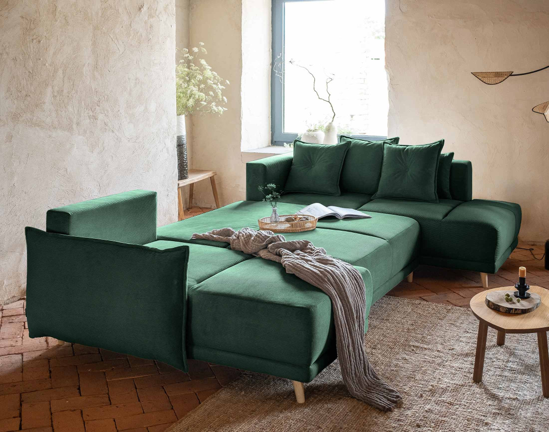 Canapé panoramique d'angle droit 7 places convertible avec coffre en velours côtelé Lena