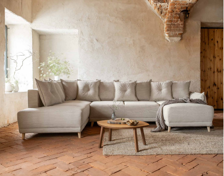 Canapé panoramique d'angle gauche 7 places convertible avec coffre en velours côtelé Lena