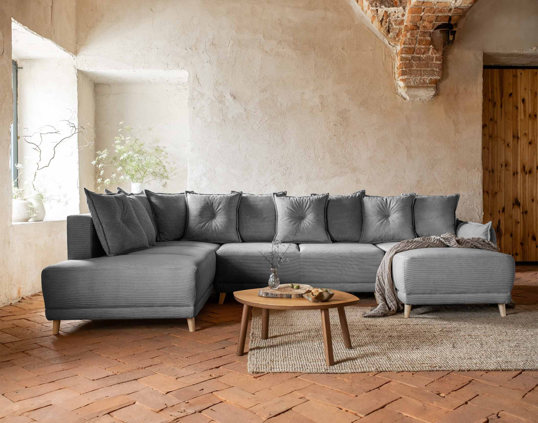 Canapé panoramique d'angle gauche 7 places convertible avec coffre en velours côtelé Lena