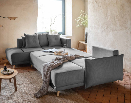 Canapé panoramique d'angle gauche 7 places convertible avec coffre en velours côtelé Lena