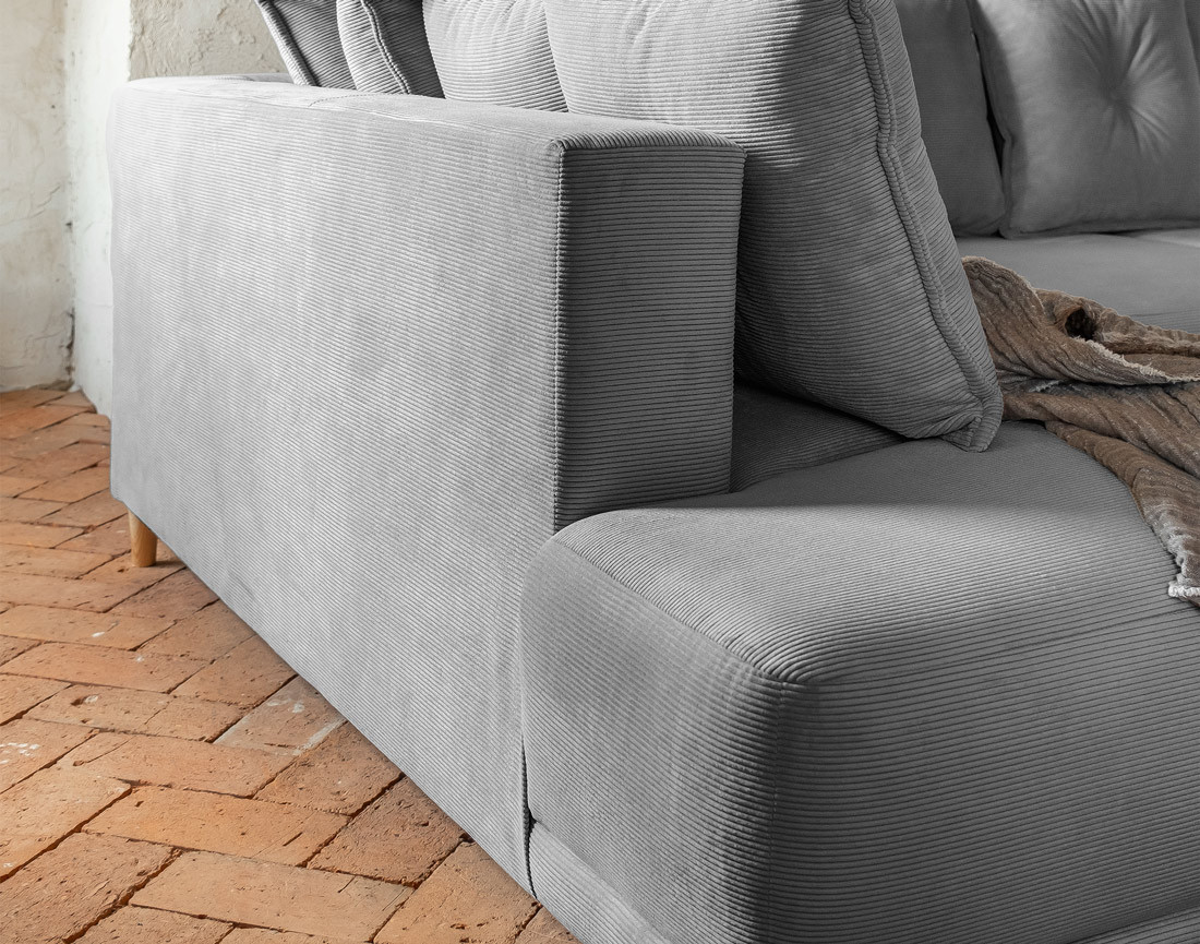 Canapé panoramique d'angle gauche 7 places convertible avec coffre en velours côtelé Lena