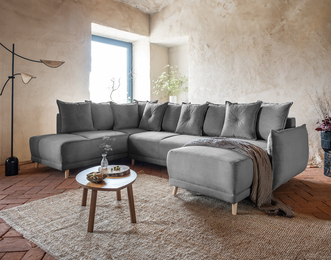 Canapé panoramique d'angle gauche 7 places convertible avec coffre en velours côtelé Lena