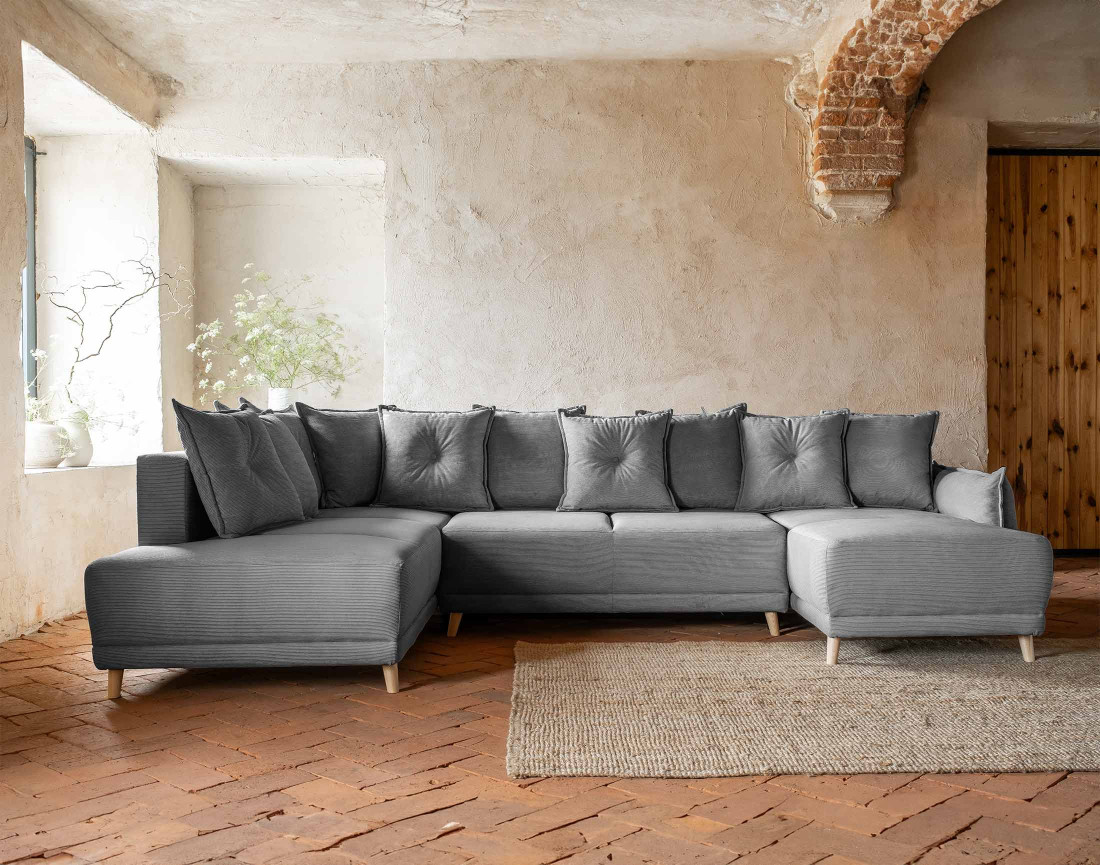 Canapé panoramique d'angle gauche 7 places convertible avec coffre en velours côtelé Lena