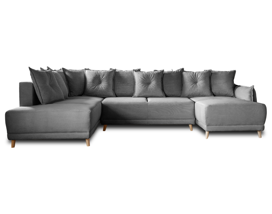 Canapé panoramique d'angle gauche 7 places convertible avec coffre en velours côtelé Lena