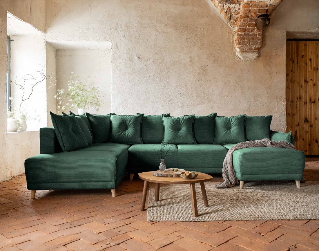 Canapé panoramique d'angle gauche 7 places convertible avec coffre en velours côtelé Lena