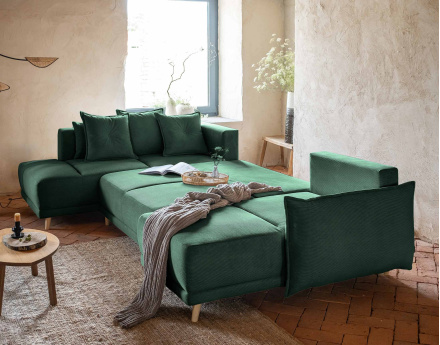 Canapé panoramique d'angle gauche 7 places convertible avec coffre en velours côtelé Lena