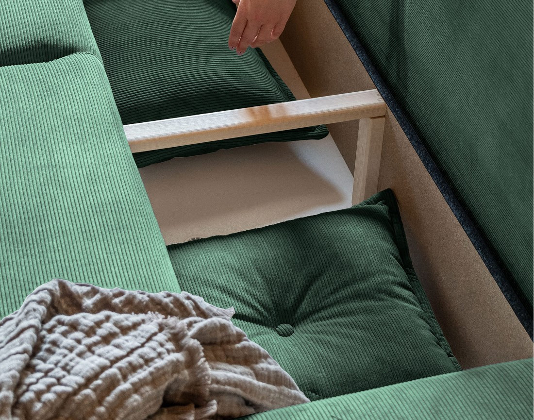 Canapé panoramique d'angle gauche 7 places convertible avec coffre en velours côtelé Lena