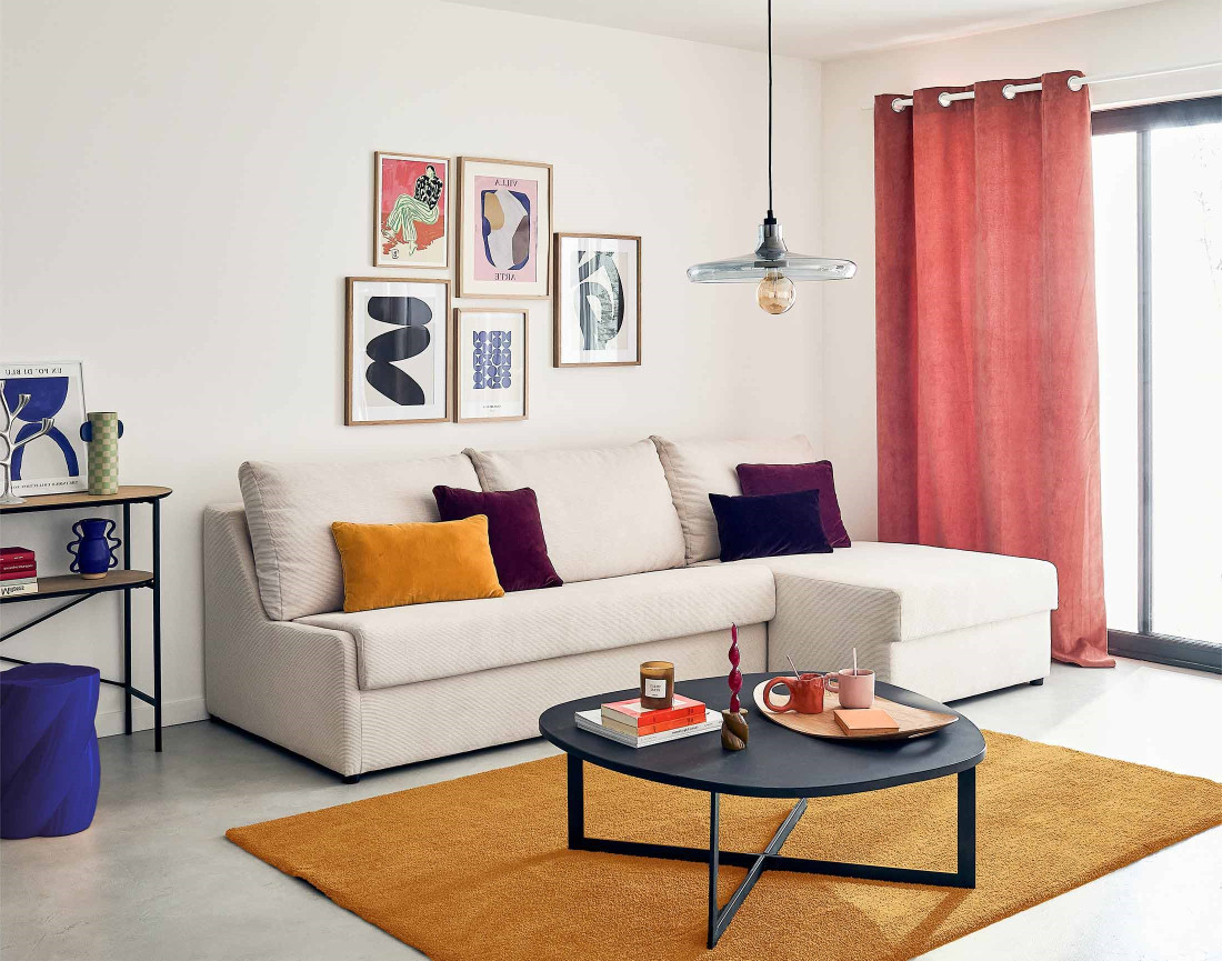 Canapé d'angle droit 4 places convertible couchage quotidien en velours côtelé Palmira