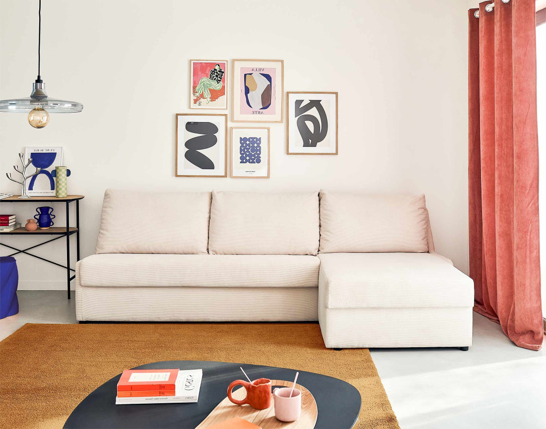 Canapé d'angle droit 4 places convertible couchage quotidien en velours côtelé Palmira