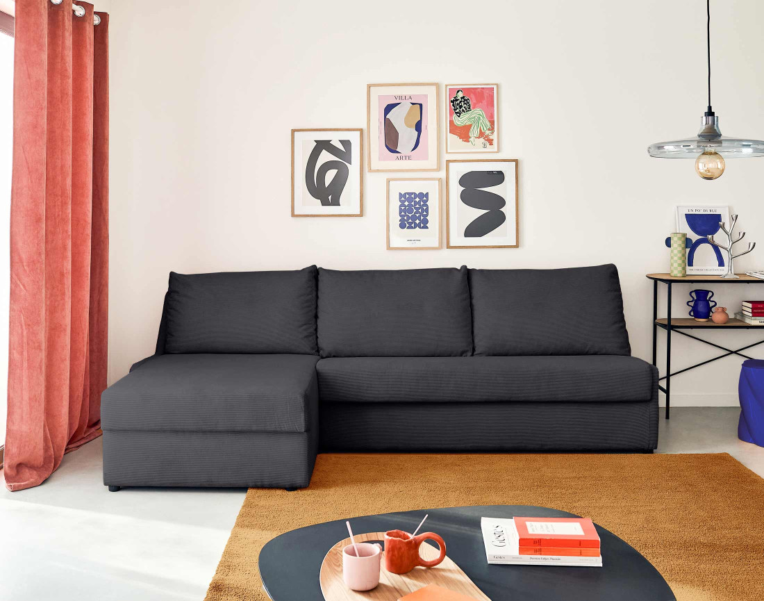 Canapé d'angle gauche 4 places convertible couchage quotidien en velours côtelé Palmira