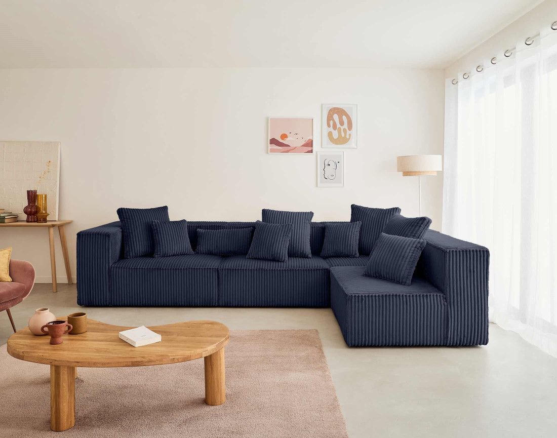Canapé modulable d'angle droit 5 places en velours côtelé grosses côtes Colombine