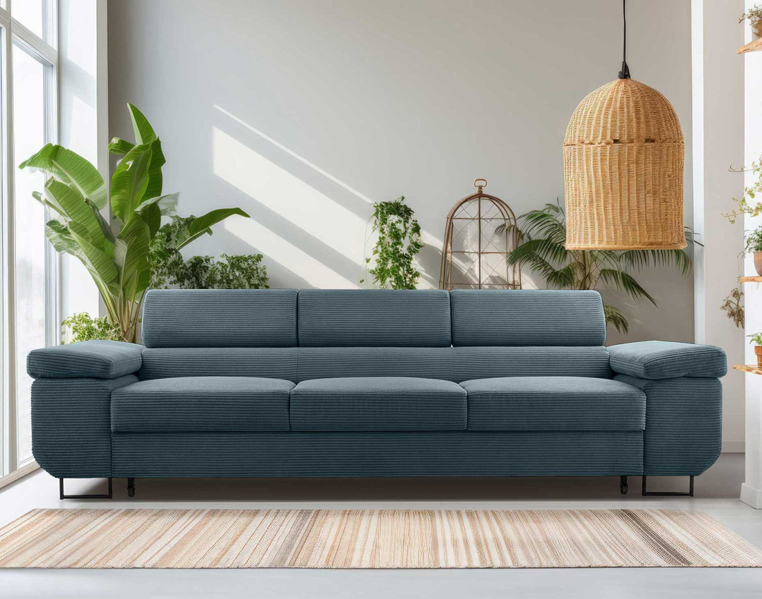 Canapé 3 places convertible avec têtières réglables en velours côtelé Pablo