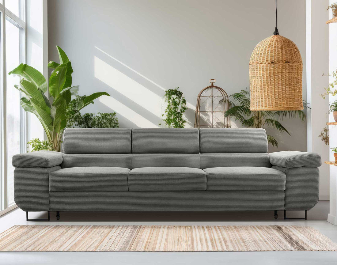 Canapé 3 places convertible avec têtières réglables en velours côtelé Pablo