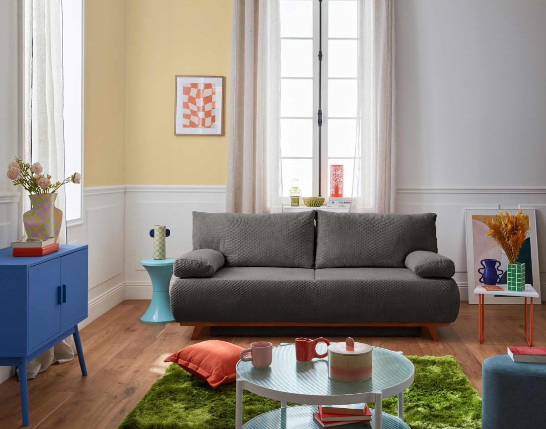 Canapé 3 places convertible avec coffre en velours texturé Cristal