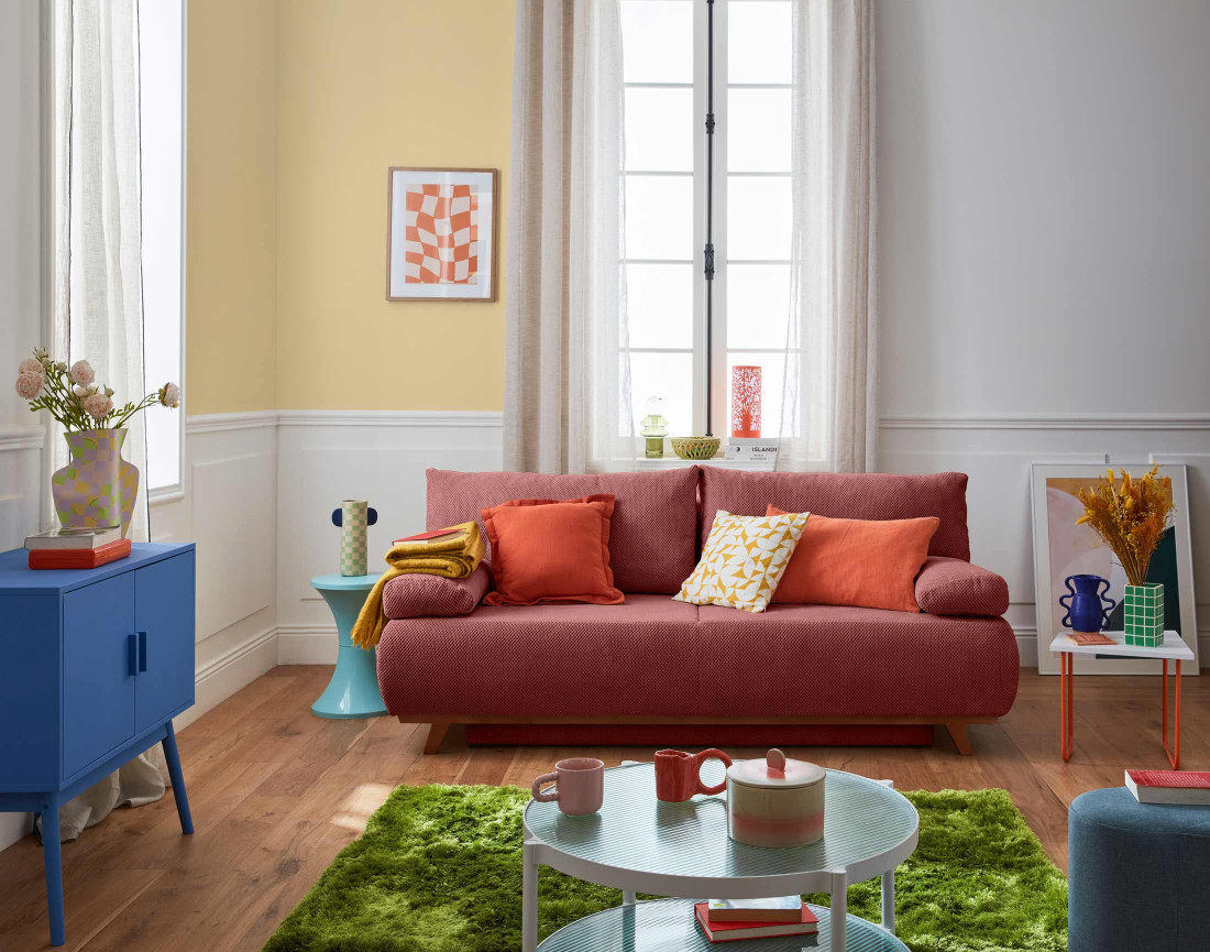 Canapé 3 places convertible avec coffre en velours texturé Cristal