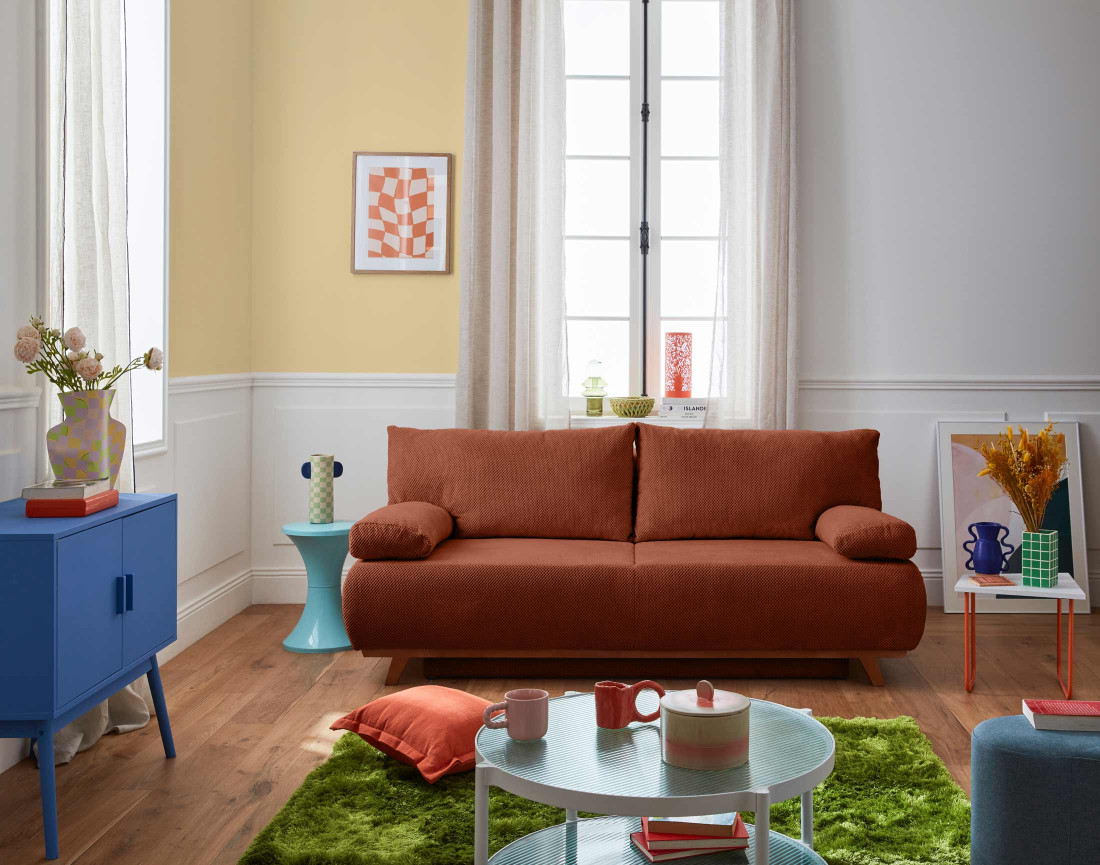 Canapé 3 places convertible avec coffre en velours texturé Cristal