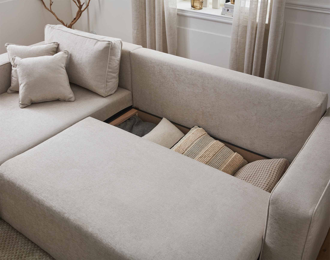 Canapé d'angle réversible 4 places convertible avec coffre en tissu Topaze