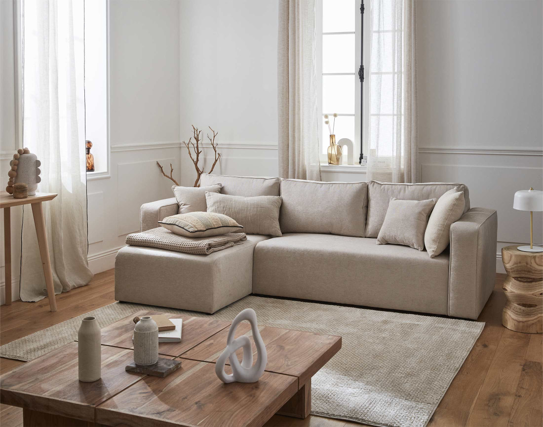 Canapé d'angle réversible 4 places convertible avec coffre en tissu Topaze