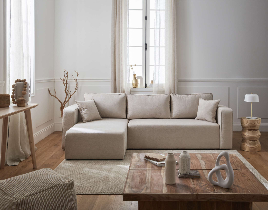Canapé d'angle réversible 4 places convertible avec coffre en tissu Topaze
