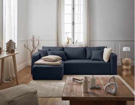 Canapé d'angle réversible 4 places convertible avec coffre en tissu Topaze