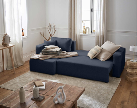 Canapé d'angle réversible 4 places convertible avec coffre en tissu Topaze