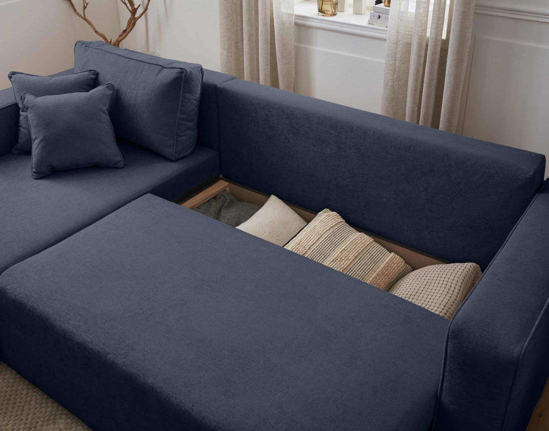 Canapé d'angle réversible 4 places convertible avec coffre en tissu Topaze