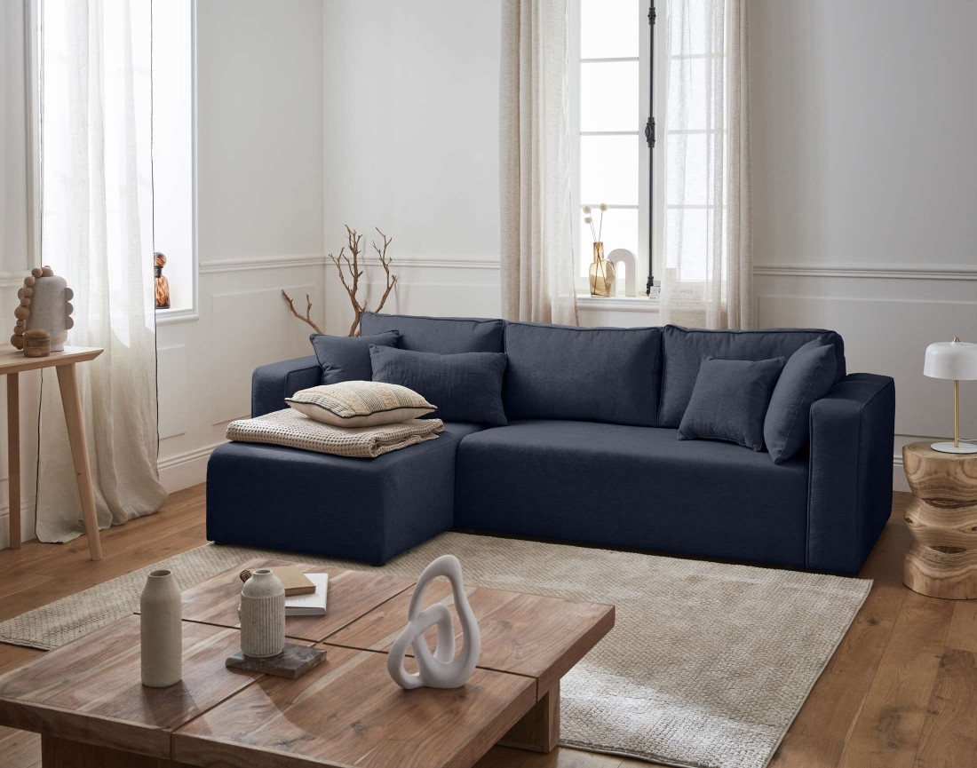 Canapé d'angle réversible 4 places convertible avec coffre en tissu Topaze