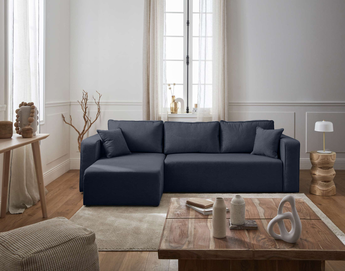 Canapé d'angle réversible 4 places convertible avec coffre en tissu Topaze