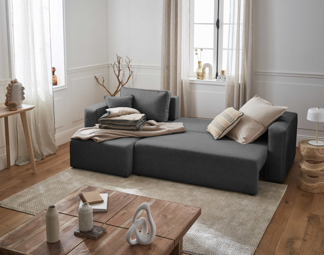 Canapé d'angle réversible 4 places convertible avec coffre en tissu Topaze